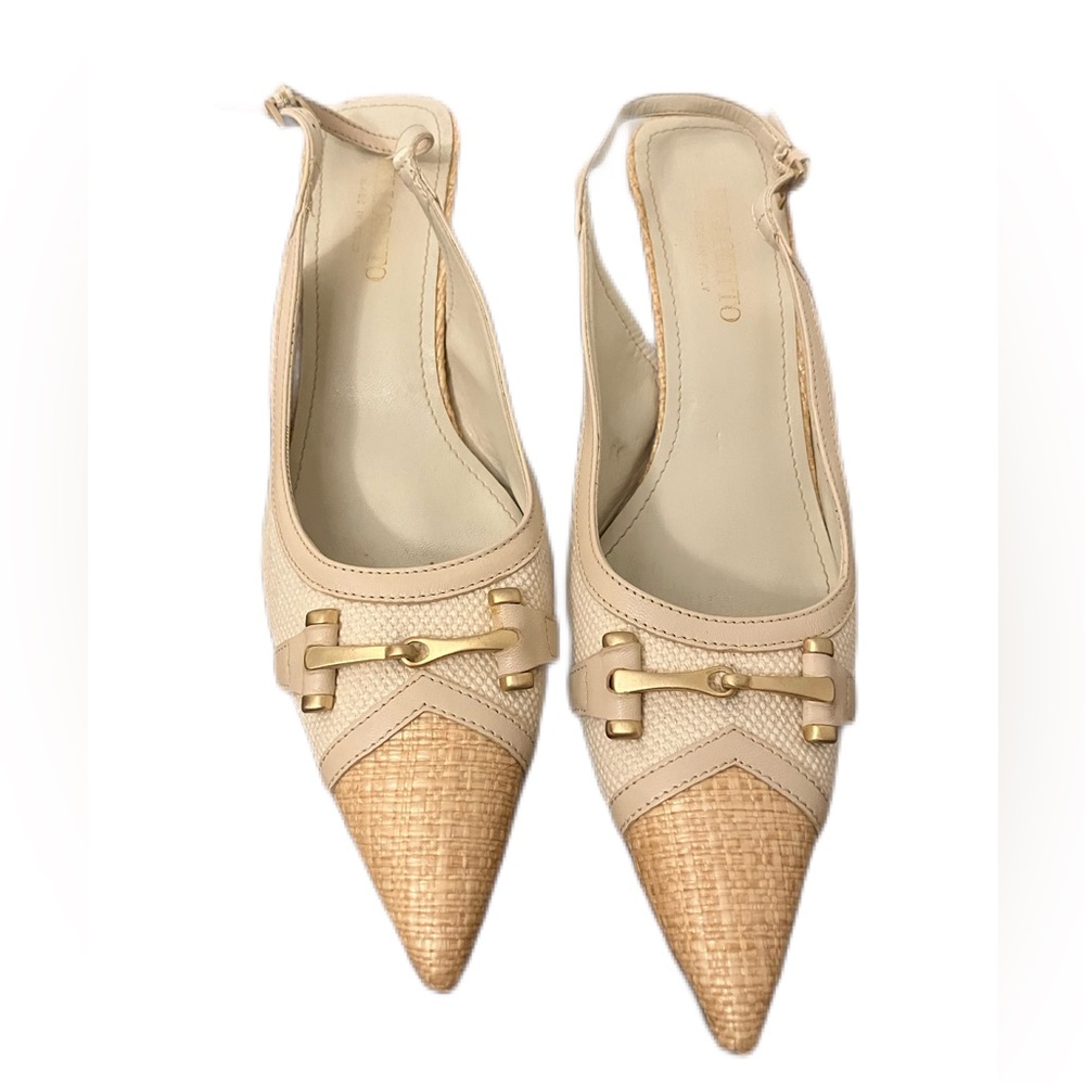Women’s Bellofatto Italian Leather Fabric Cream Slingback Kitten Heels Size 9.5